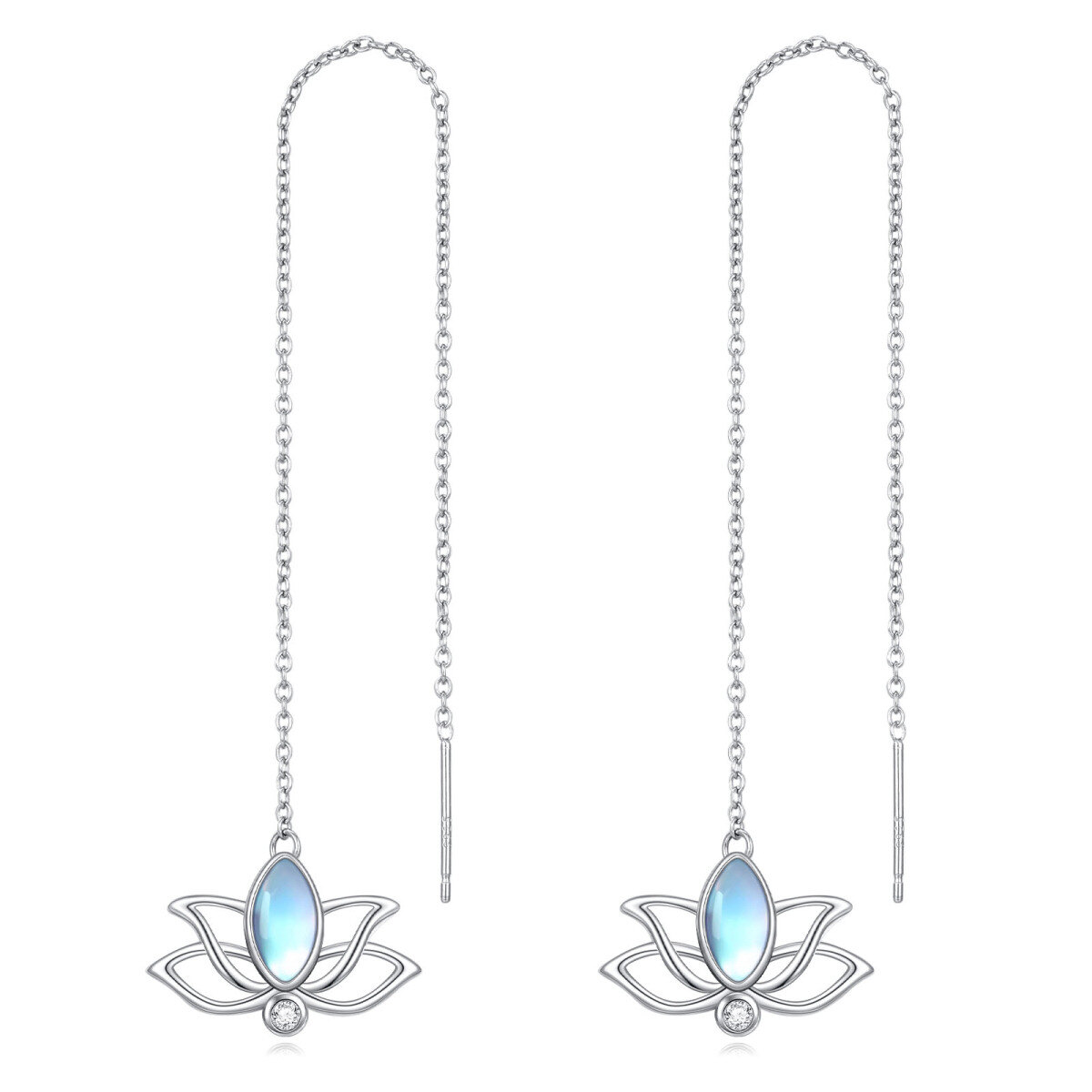 Sterling Silver Oval Shaped Moonstone Lotus Drop Earrings-1