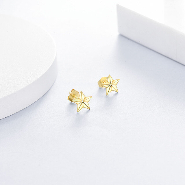 Brincos de estrela com design estereoscópico em ouro amarelo sólido real 14K para mulheres-2