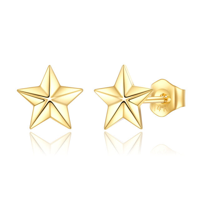 Brincos de estrela com design estereoscópico em ouro amarelo sólido real 14K para mulheres-0