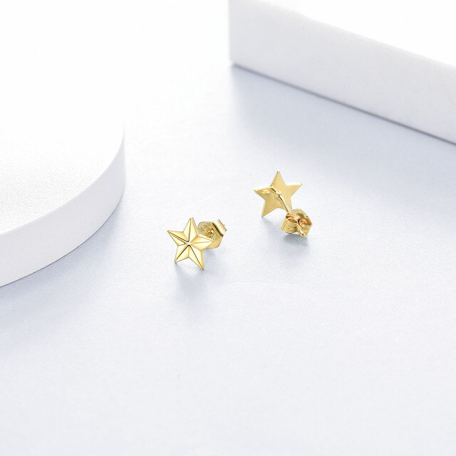 Brincos de estrela com design estereoscópico em ouro amarelo sólido real 14K para mulheres-3