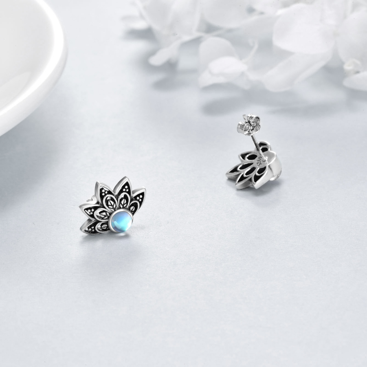 Sterling Silver Moonstone Blue Lotus Stud Earrings-4