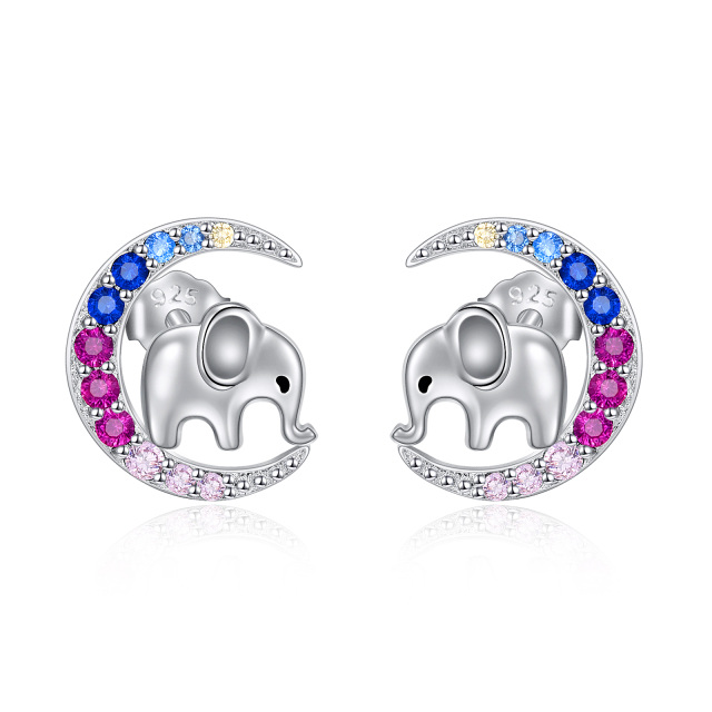 Sterling Silver Circular Shaped Cubic Zirconia Elephant Moon Stud Earrings-1