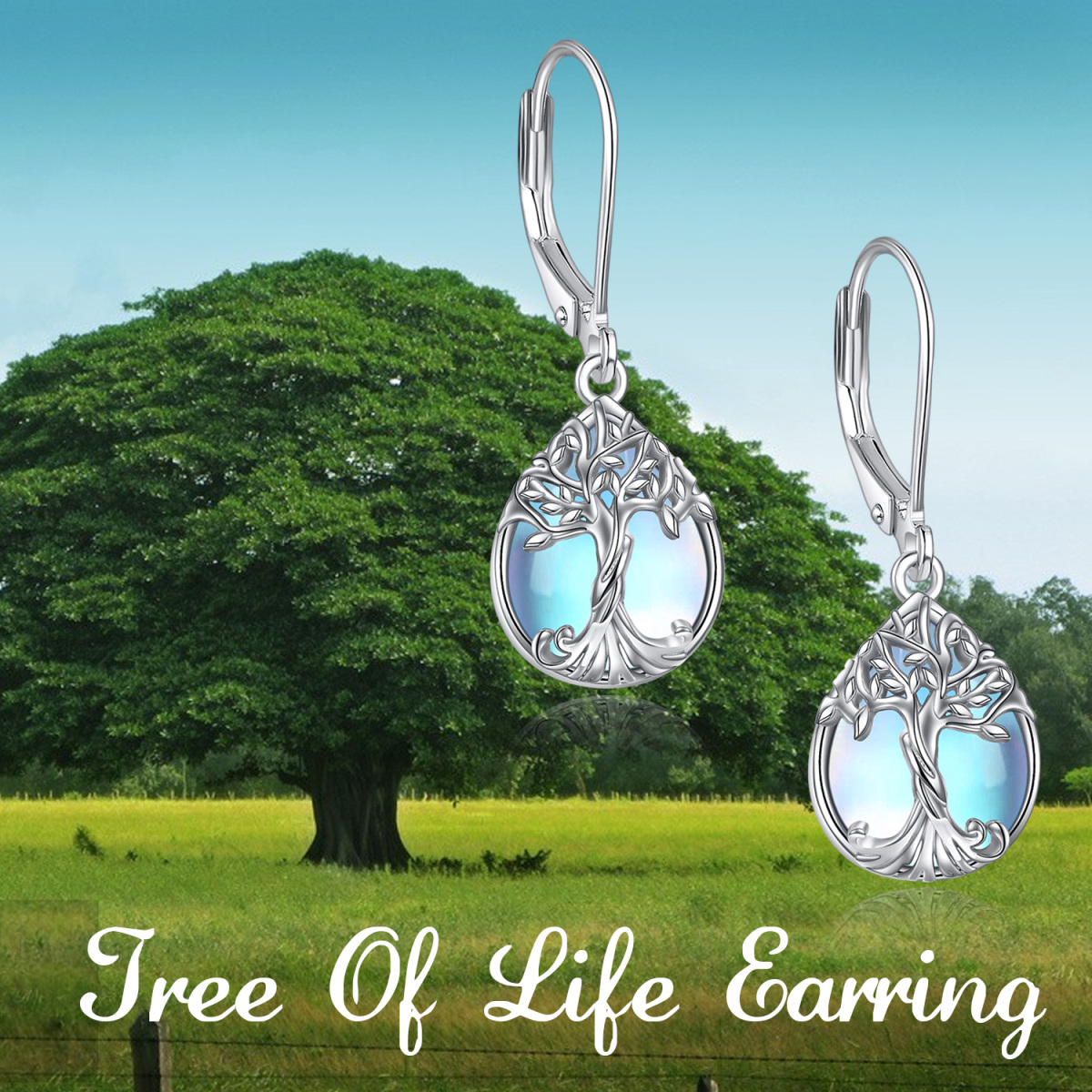 Sterling Silver Pear Shaped Moonstone Tree Of Life Lever-back Earrings-6