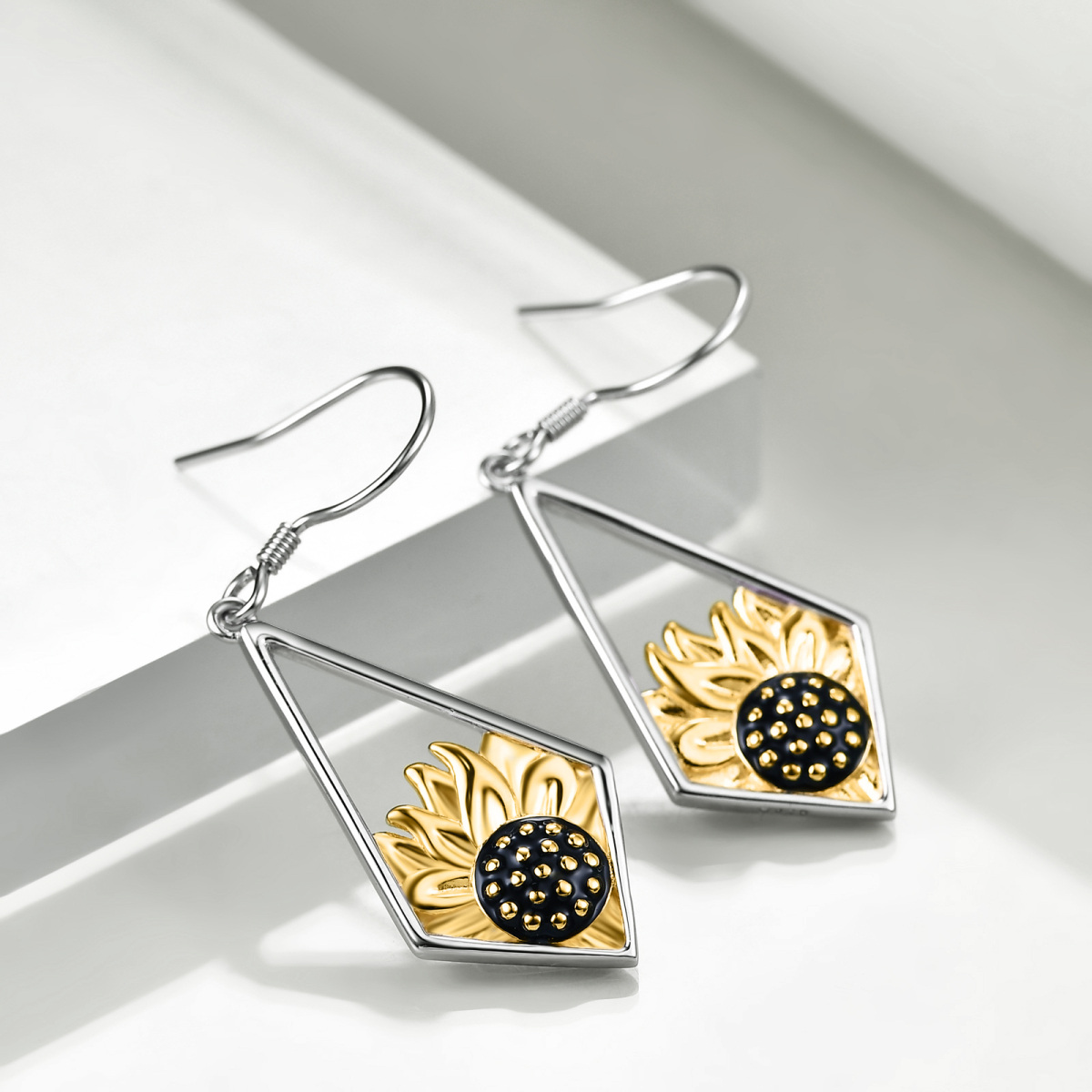 Sterling Silver Two-tone Sunflower Drop Earrings-3