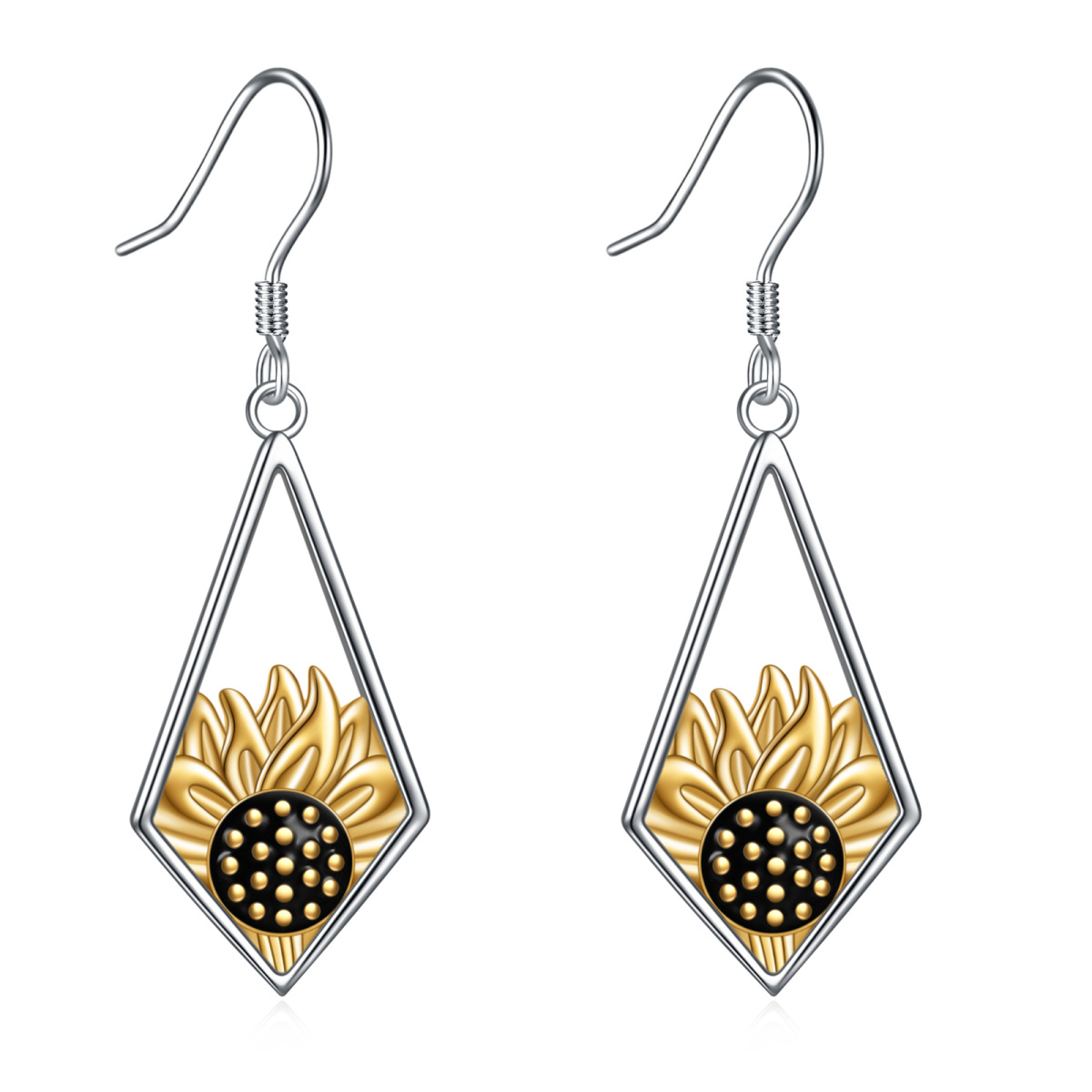 Sterling Silver Two-tone Sunflower Drop Earrings-1