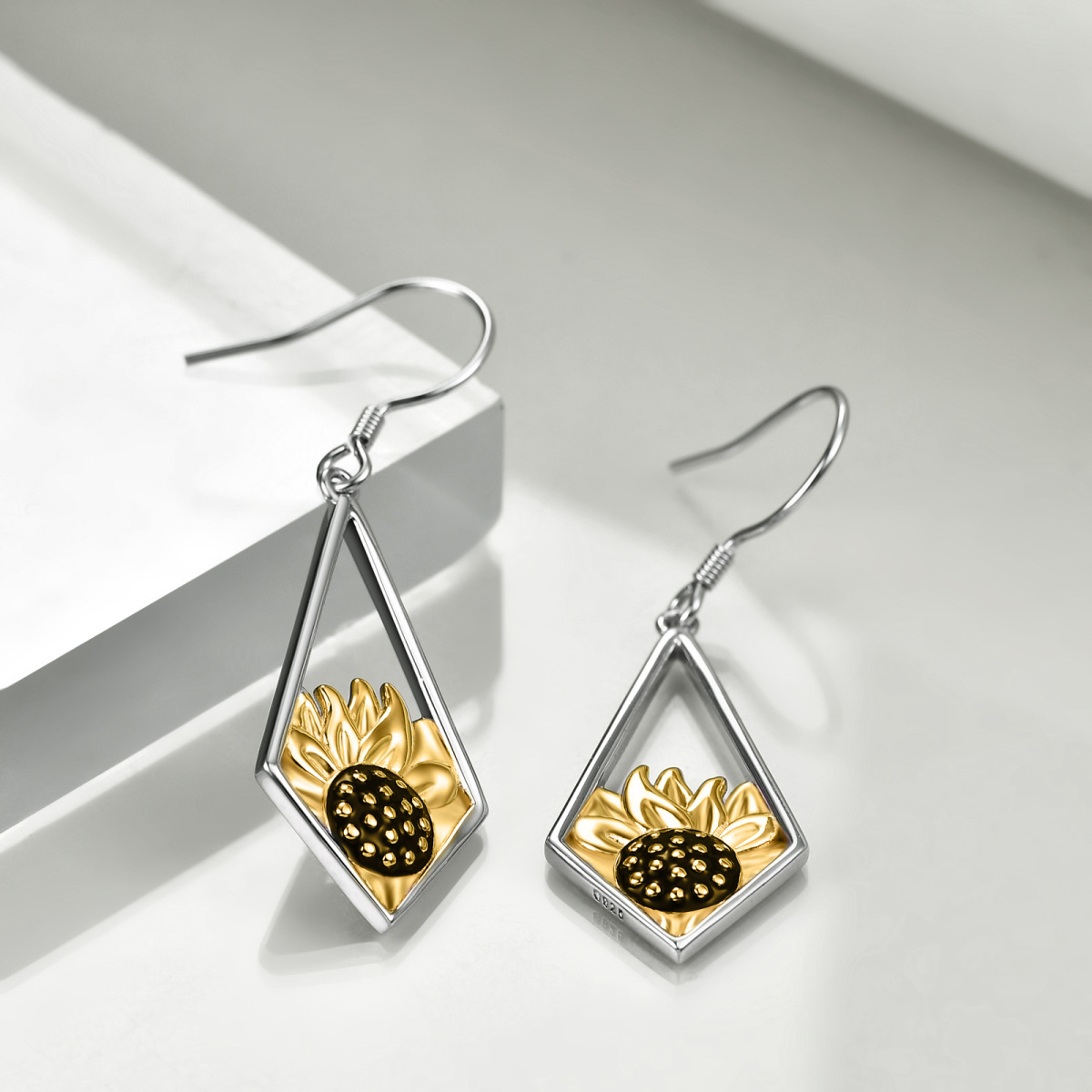 Sterling Silver Two-tone Sunflower Drop Earrings-4