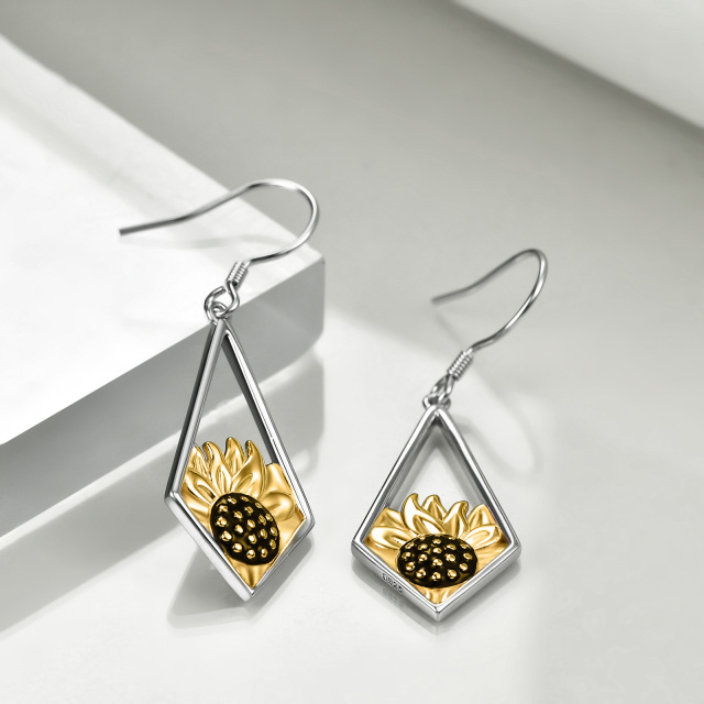 Sterling Silver Two-tone Sunflower Drop Earrings-4