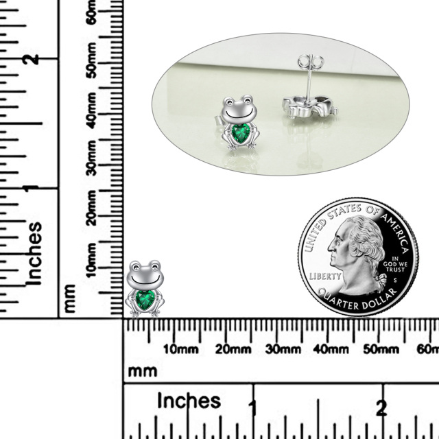 Sterling Silver Emerald Heart Shaped Cubic Zirconia Frog Stud Earrings-5