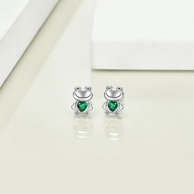 Sterling Silver Emerald Heart Shaped Cubic Zirconia Frog Stud Earrings-3