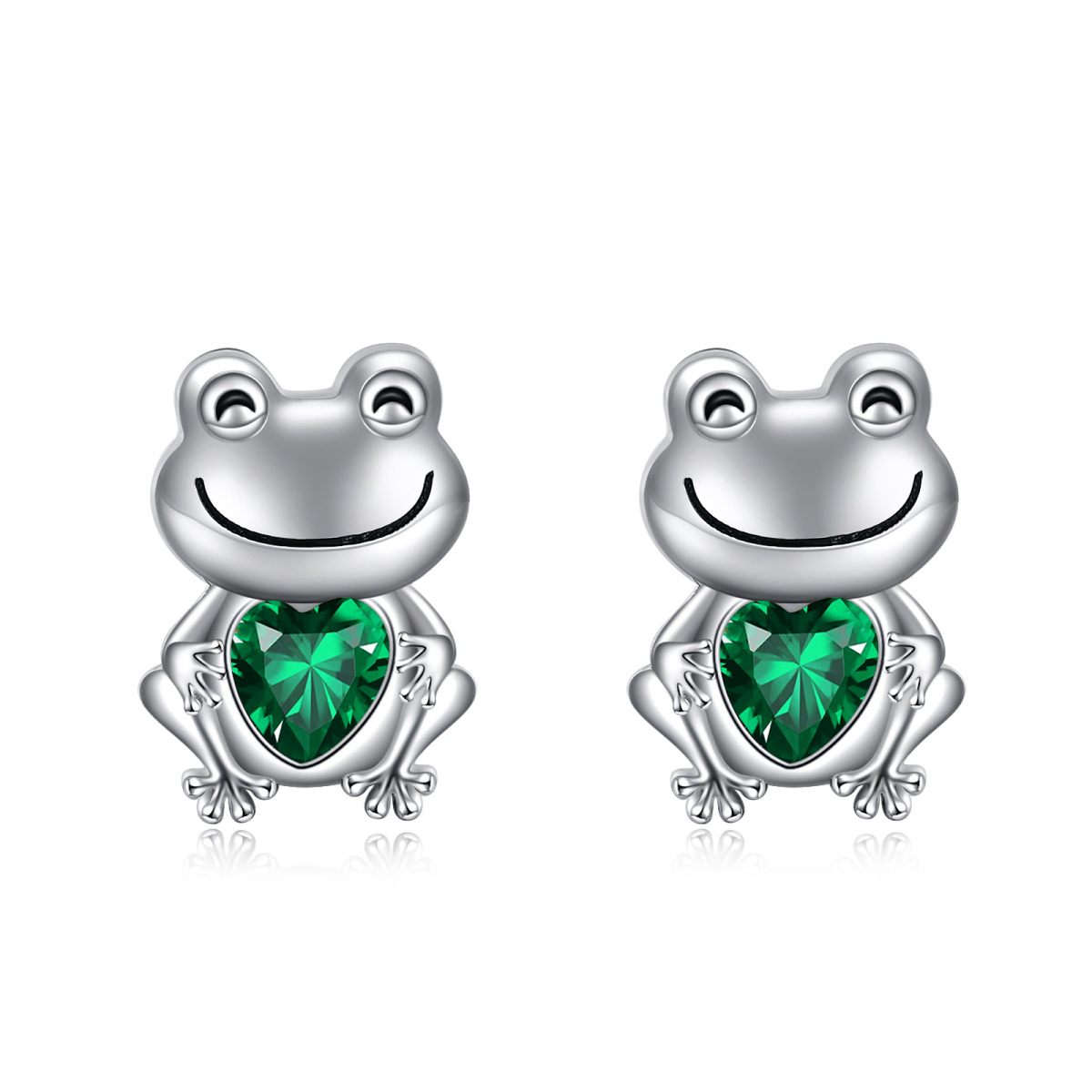 Sterling Silver Heart Shaped Cubic Zirconia Frog & Heart Stud Earrings-1