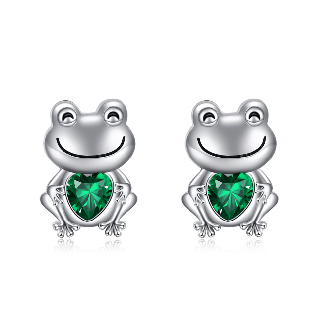 Sterling Silver Emerald Heart Shaped Cubic Zirconia Frog Stud Earrings-1