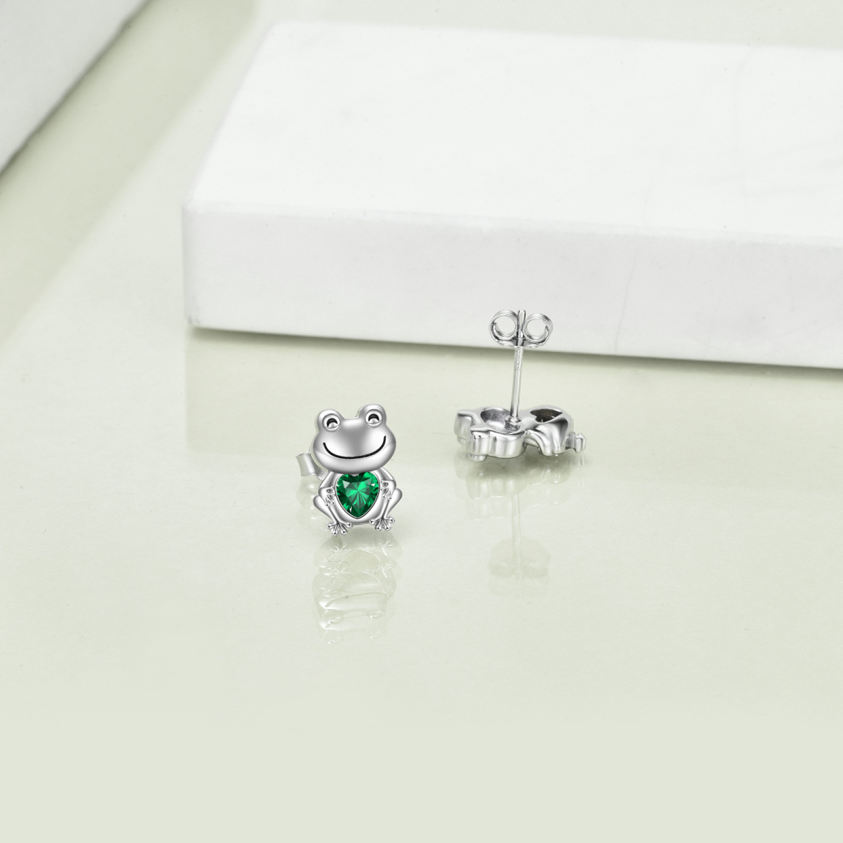 Sterling Silver Heart Shaped Cubic Zirconia Frog & Heart Stud Earrings-4