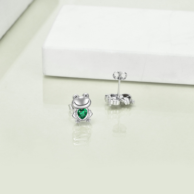 Sterling Silver Emerald Heart Shaped Cubic Zirconia Frog Stud Earrings-4