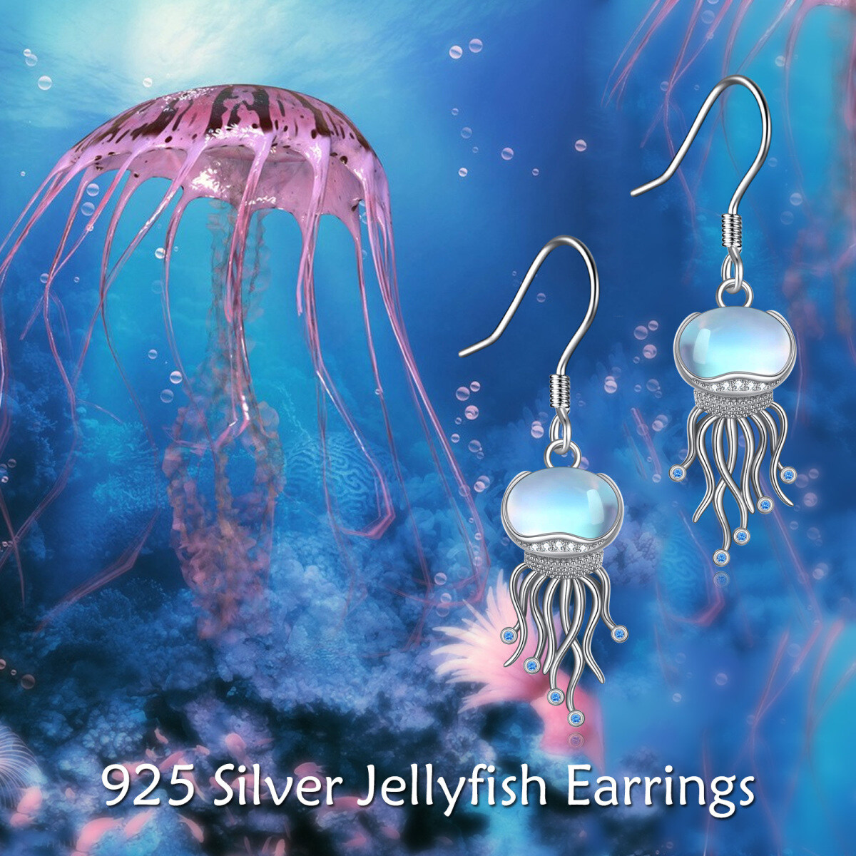 Sterling Silver Moonstone Jellyfish Drop Earrings-6