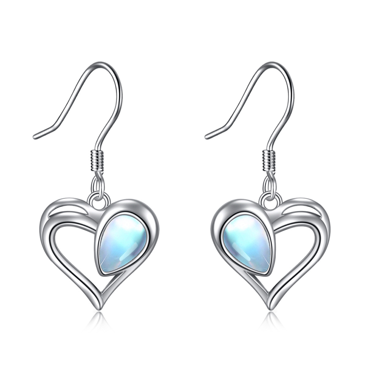 Sterling Silver Moonstone Heart Drop Hook Earrings-1