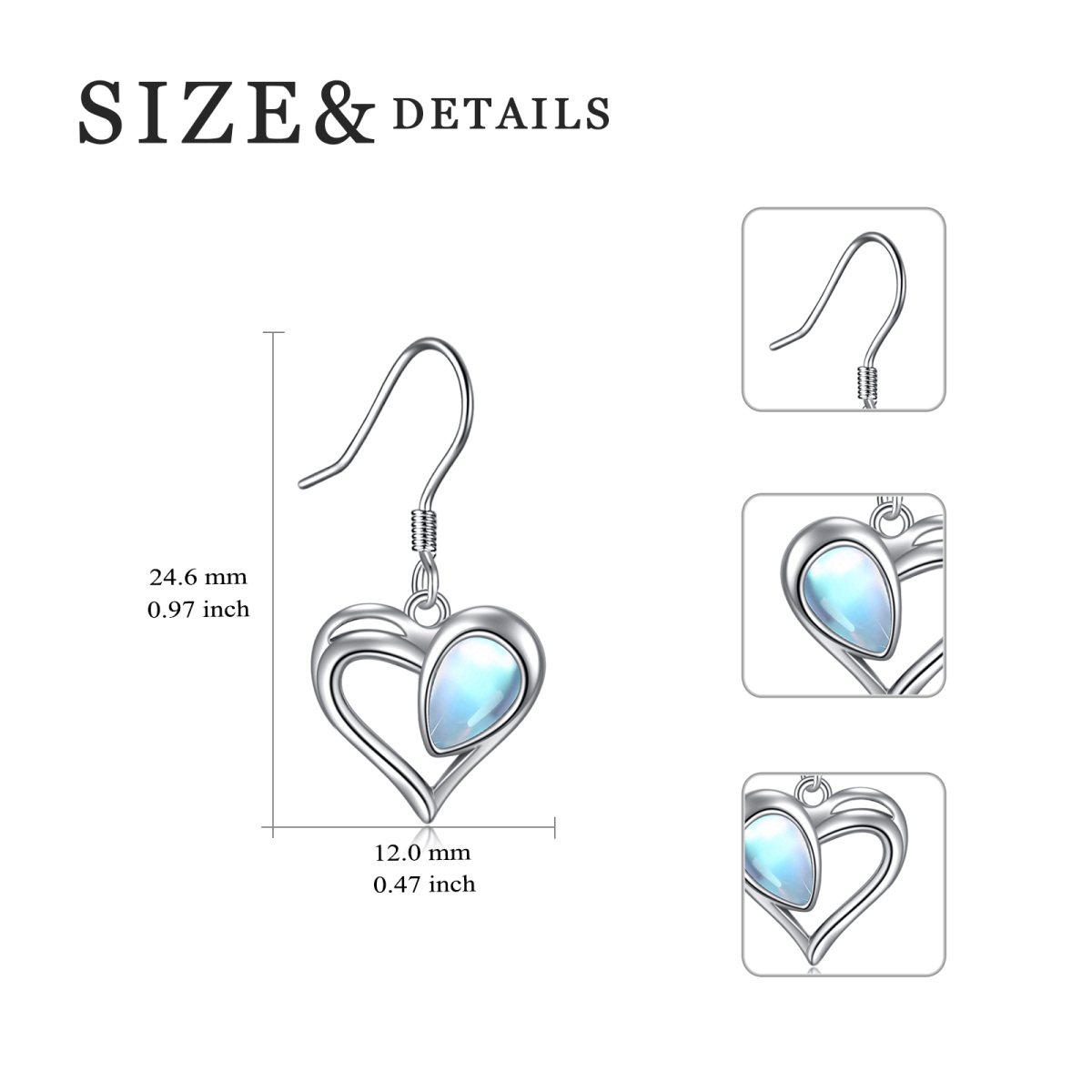Sterling Silver Moonstone Heart Drop Hook Earrings-6