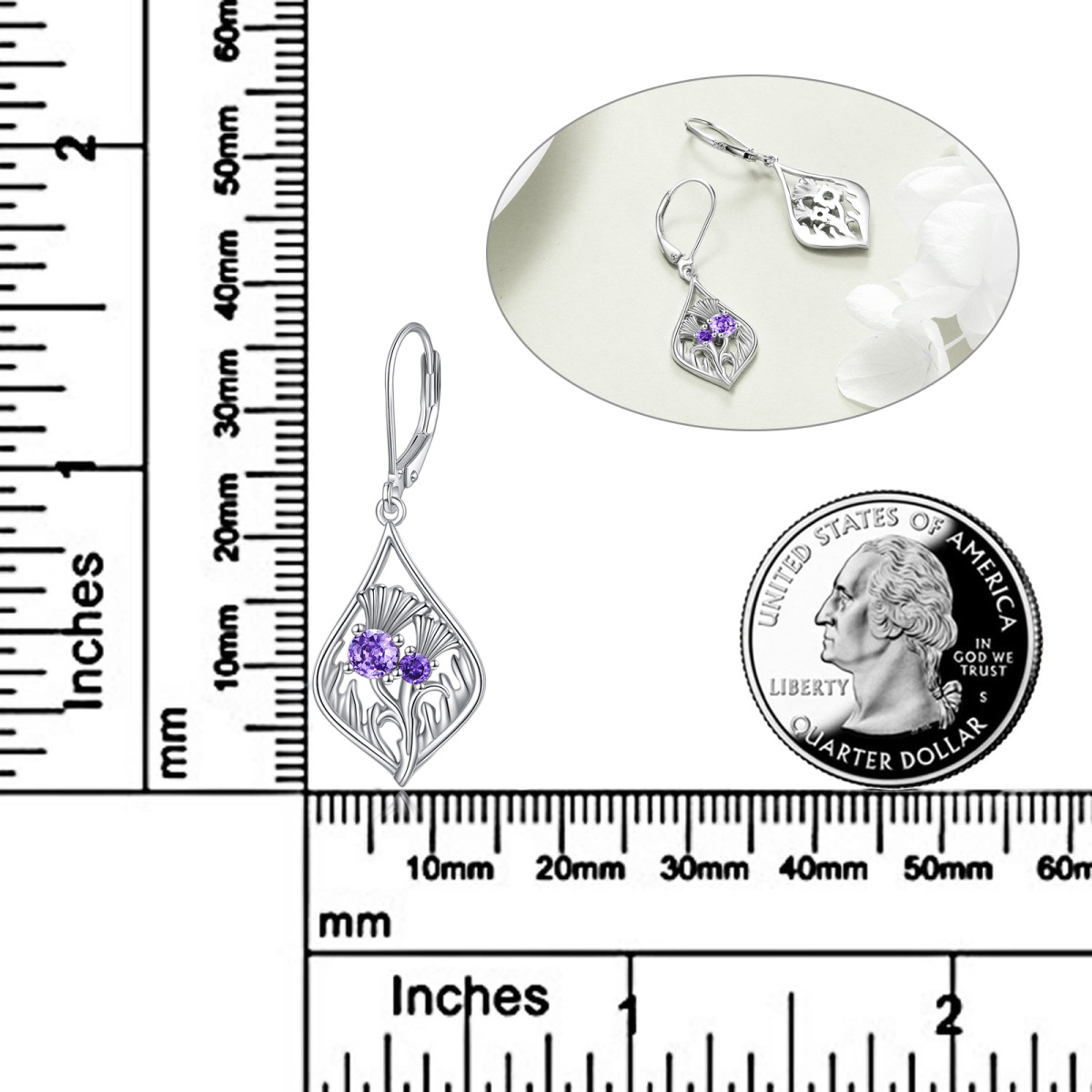 Sterling Silver Cubic Zirconia Wildflowers Lever-back Earrings-5