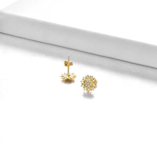 Orecchini a bottone con girasole in zirconi in oro giallo 14k-3