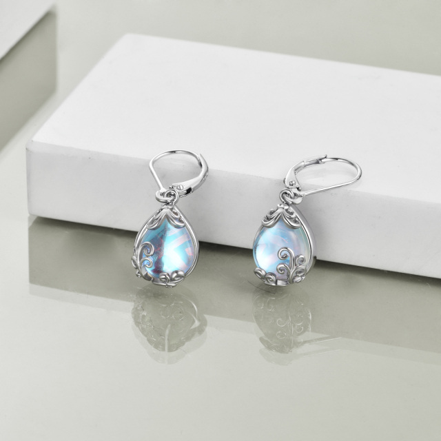 Sterling Silver Moonstone Drop Shape & Filigree Lever-back Earrings-3