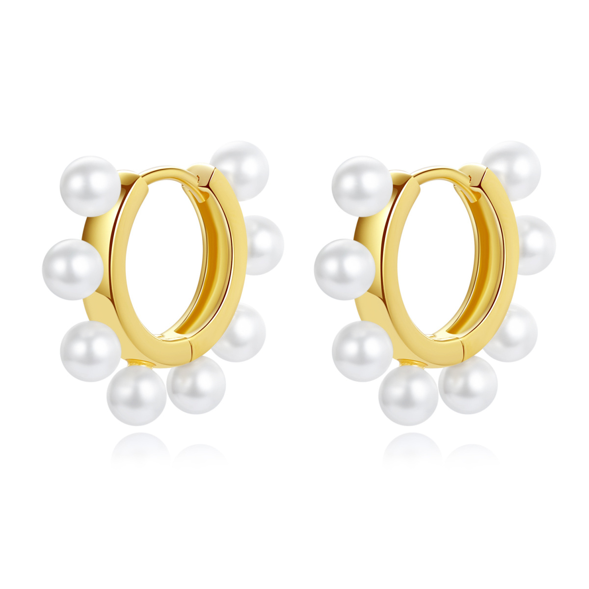 Sterling Silver with Yellow Gold Plated Pearl Round Hoop Earrings-1