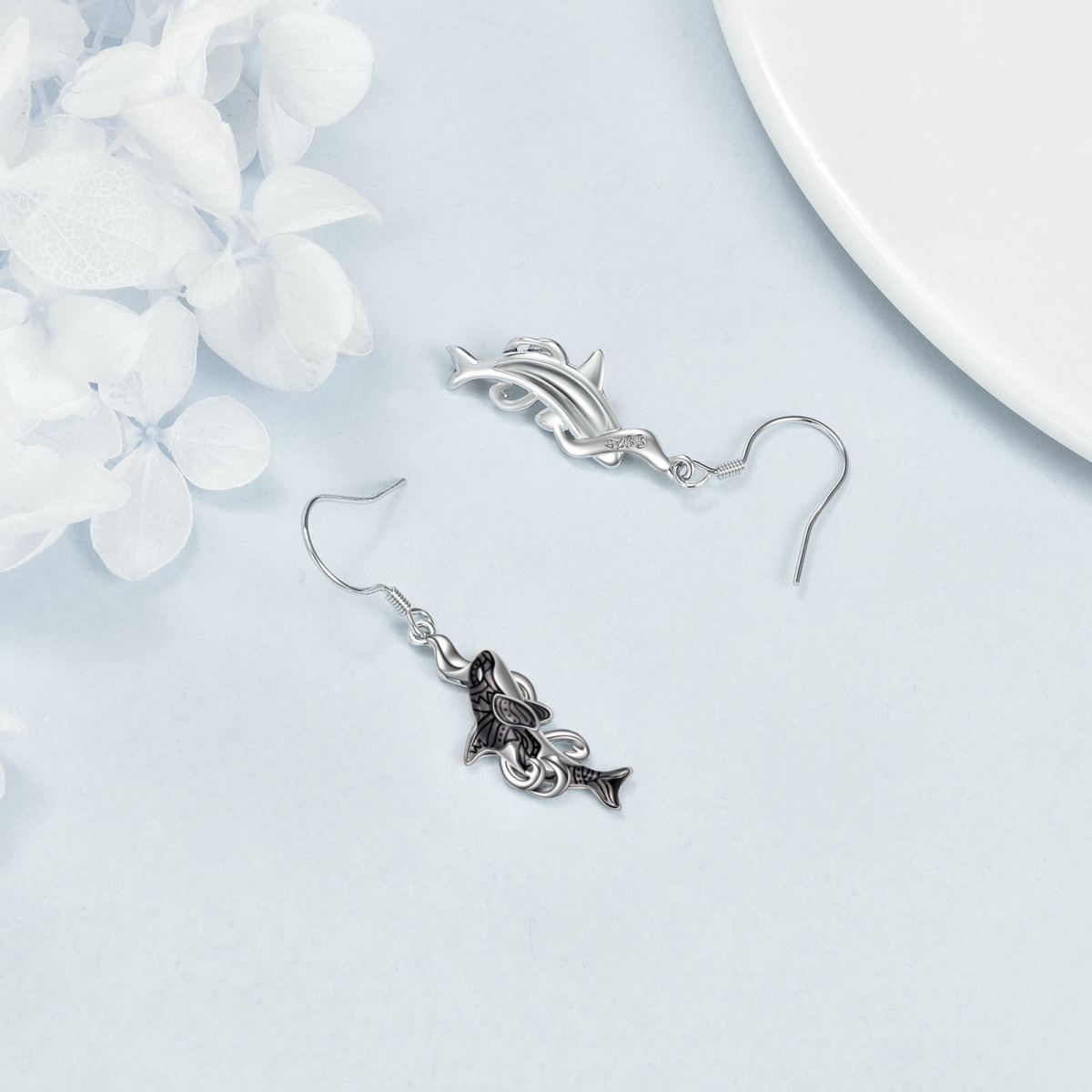 Sterling Silver Dolphin & Spray Drop Earrings-4