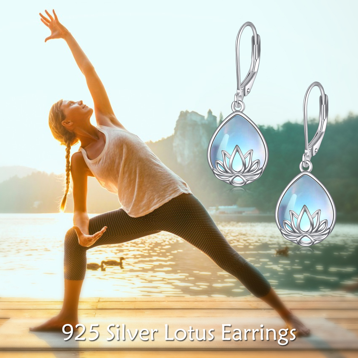 Sterling Silver Moonstone Lotus Lever-back Earrings-6