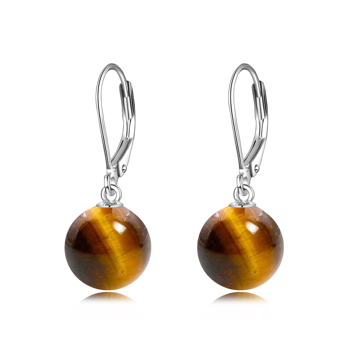 Sterling Silver Round Tiger's Eye Round Lever-back Earrings-1