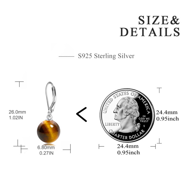 Sterling Silver Round Tiger's Eye Round Lever-back Earrings-4