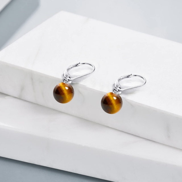 Sterling Silver Round Tiger's Eye Round Lever-back Earrings-3