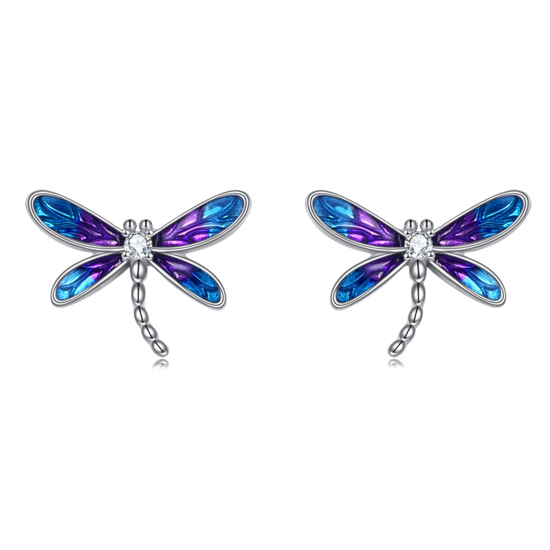 Sterling Silver Circular Cubic Zirconia Dragonfly Stud Earrings