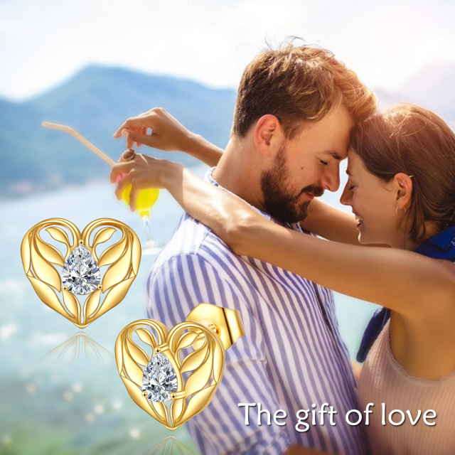 14K Gold Cubic Zirconia Heart Stud Earrings-5