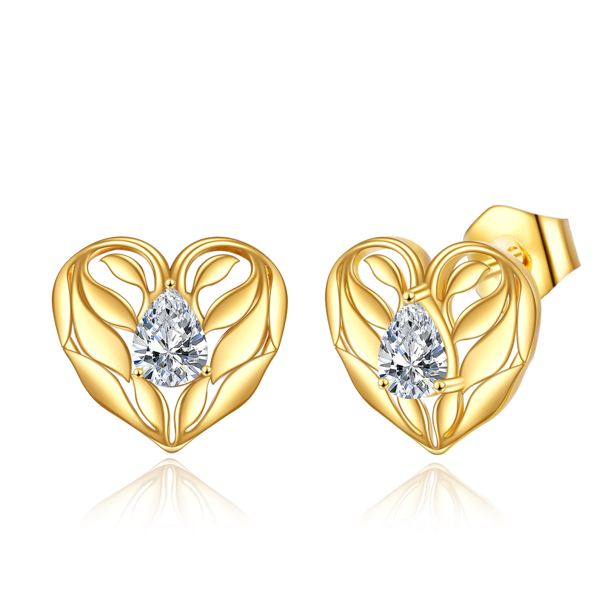 14K Gold Cubic Zirconia Heart Stud Earrings-1
