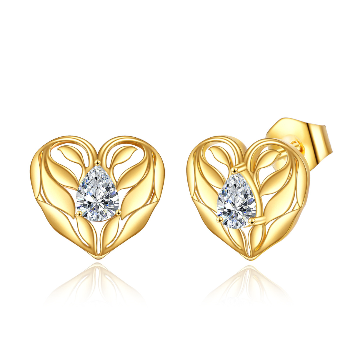 Boucles d'oreilles cœur en or 14K à zircon cubique-1