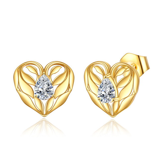 14K Gold Cubic Zirconia Heart Stud Earrings-0