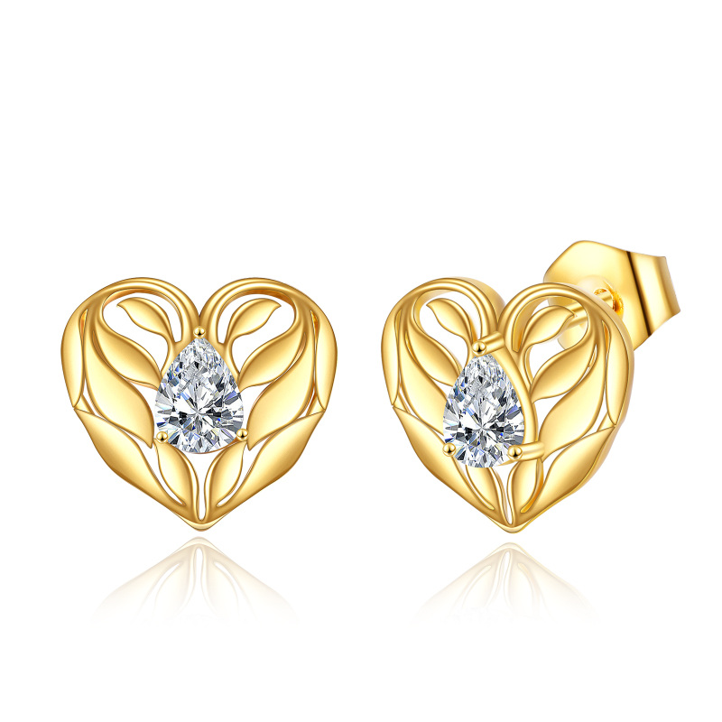 14K Gold Cubic Zirconia Heart Stud Earrings