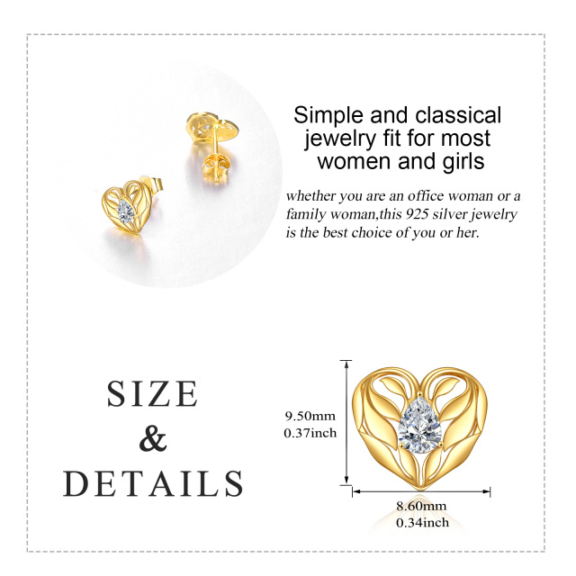 14K Gold Cubic Zirconia Heart Stud Earrings-4