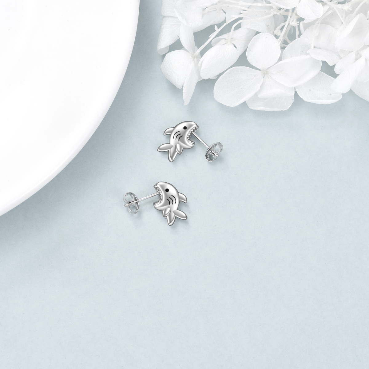 Sterling Silver Shark Stud Earrings-4