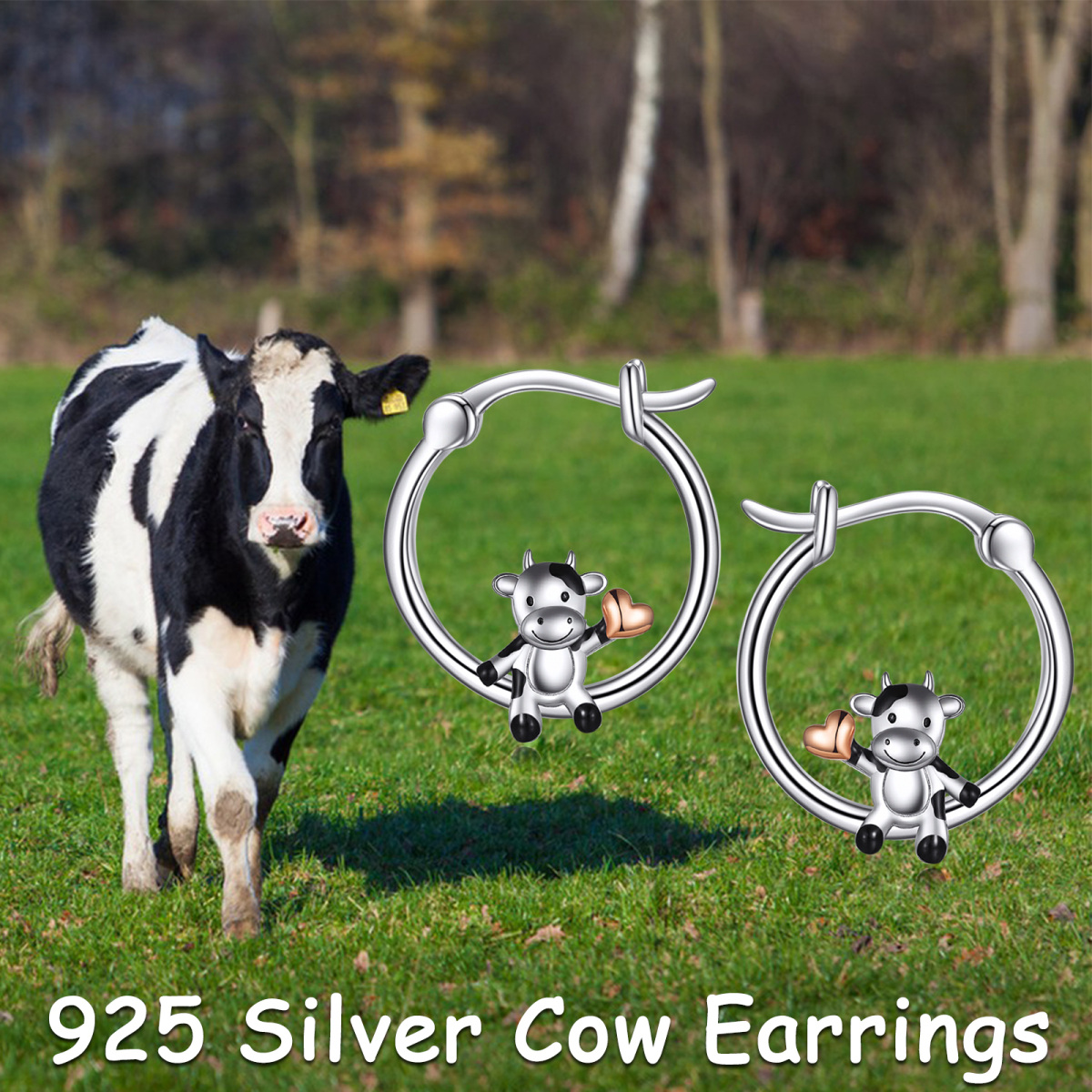 Sterling Silver Cow & Heart Hoop Earrings-6