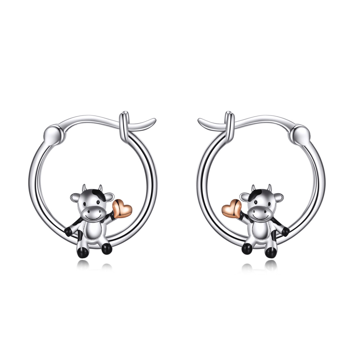 Sterling Silver Cow & Heart Hoop Earrings-1