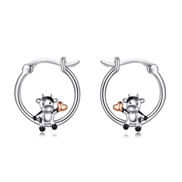 Orecchini a cerchio con cuore e mucca in argento sterling-1