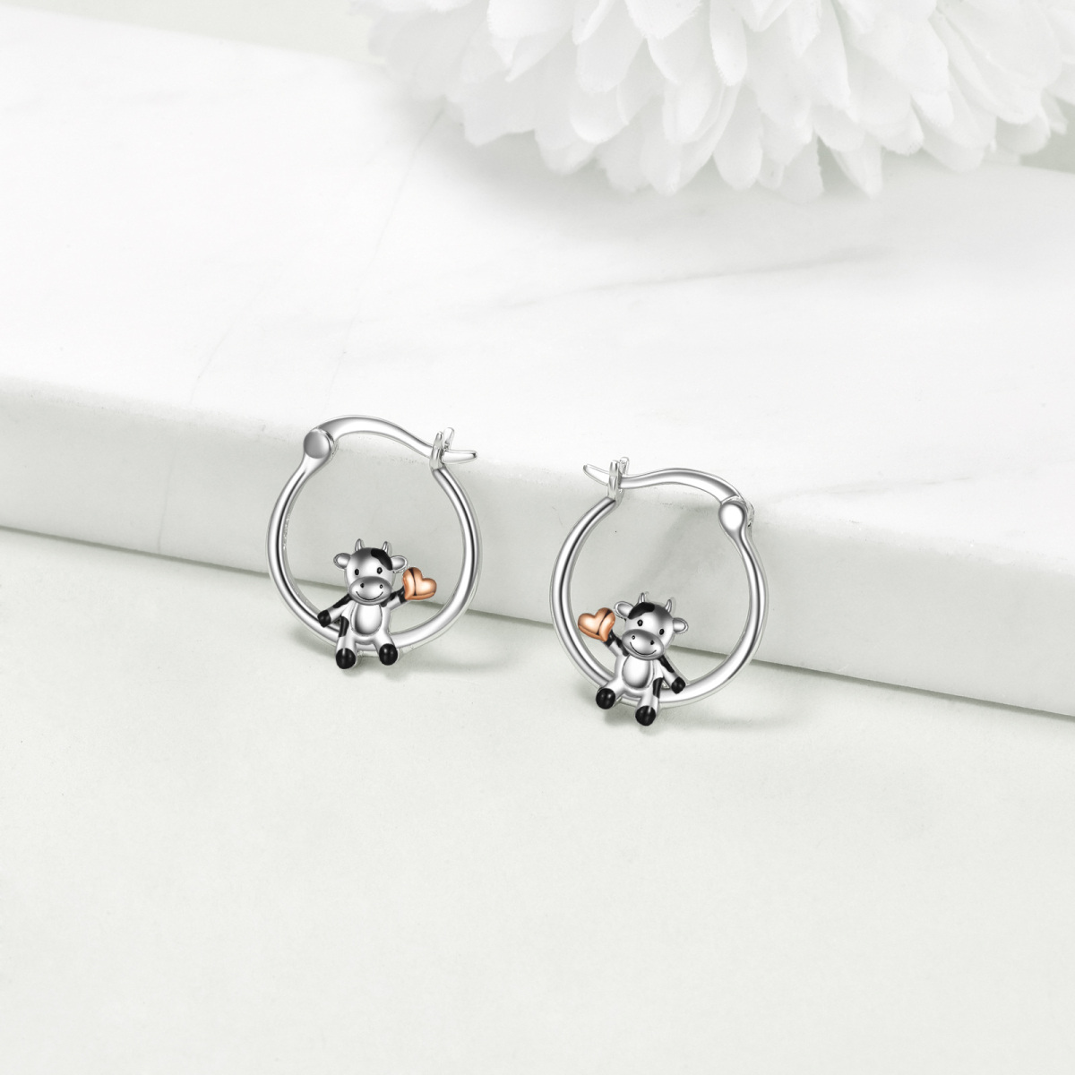 Boucles d'oreilles en argent sterling avec vache et cœur-2