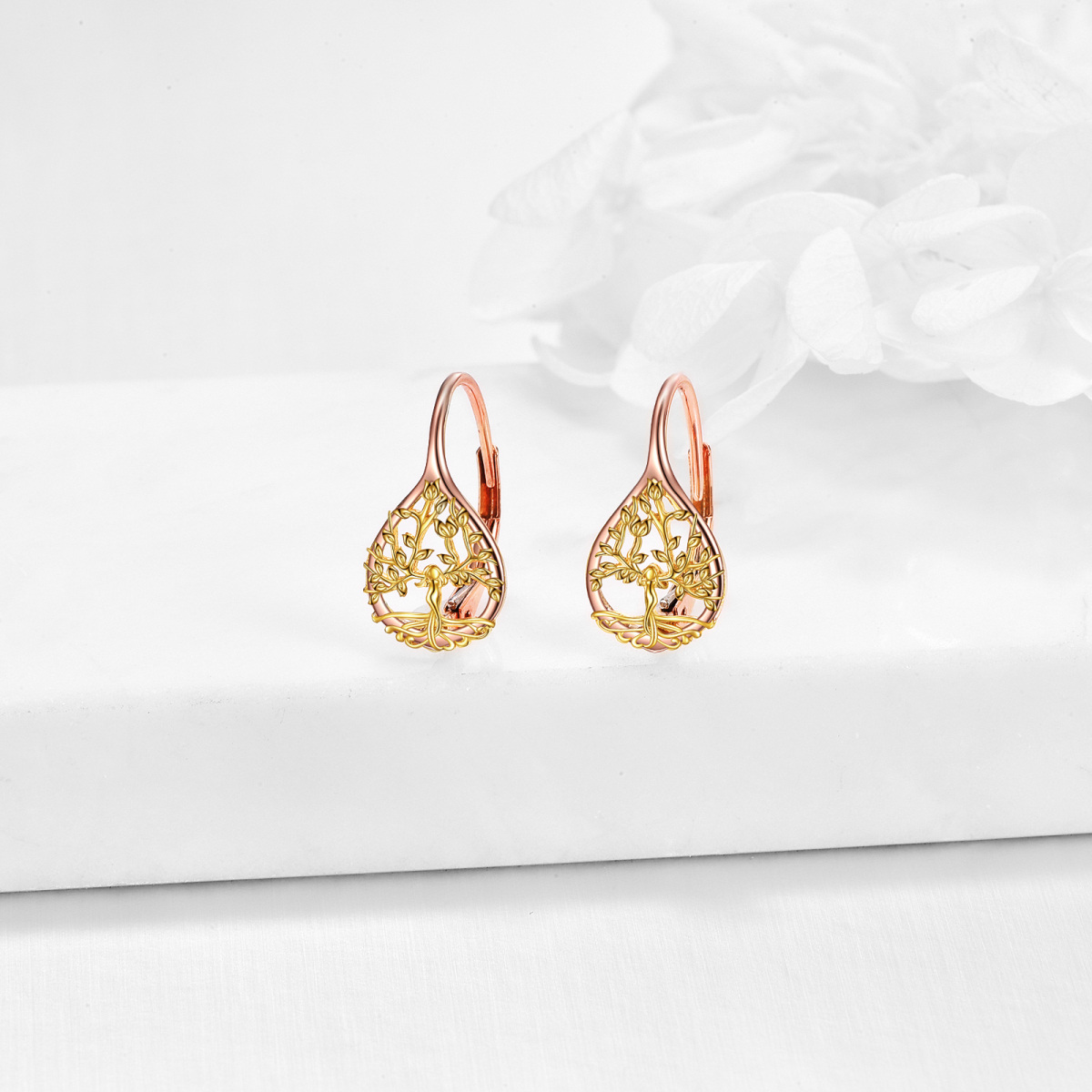 14K Gold & Rose Gold Tree Of Life Lever-back Earrings-4