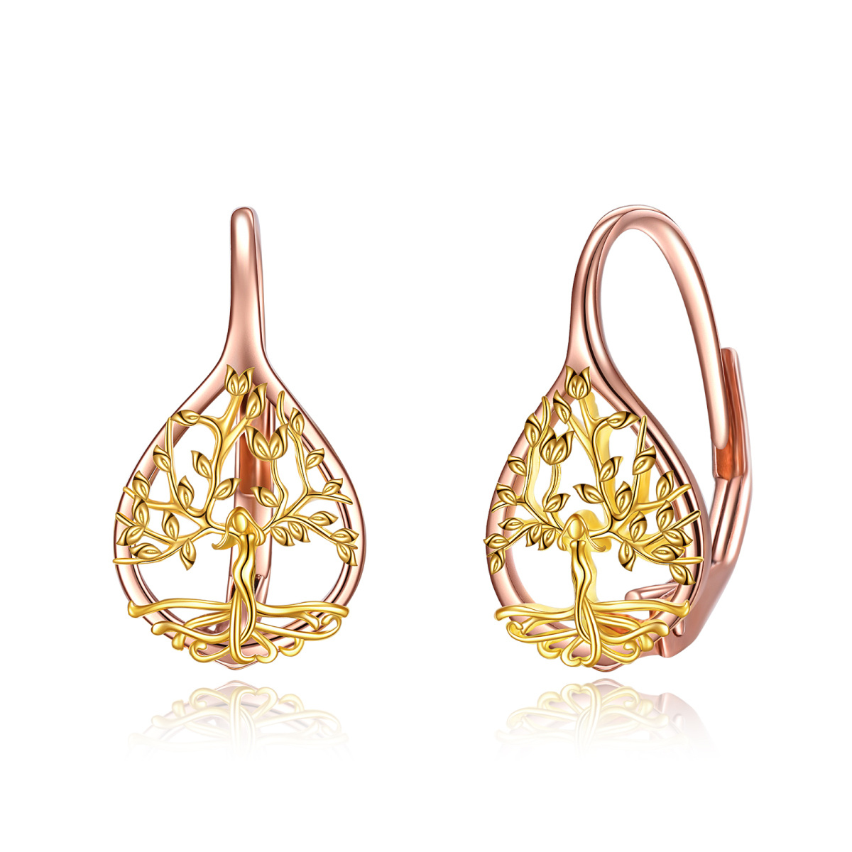 14K Gold & Rose Gold Tree Of Life Lever-back Earrings-1