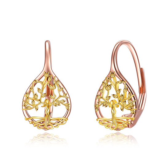 Boucles d'oreilles à levier en or 14K et or rose avec arbre de vie