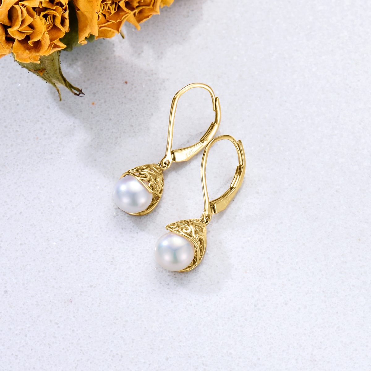 14K Gold Pearl Drop Shape Lever-back Earrings-3