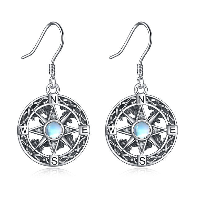 Sterling Silver Circular Shaped Moonstone Compass Drop Earrings-3