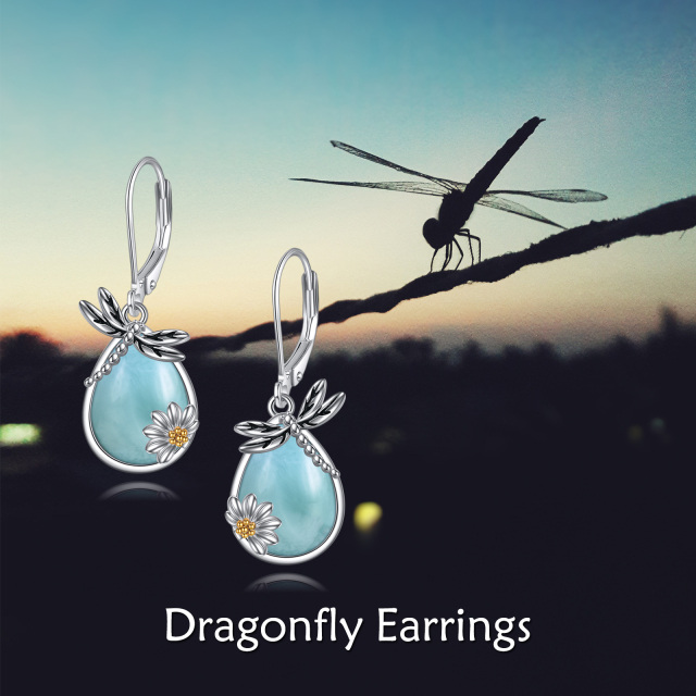 Sterling Silver Two-tone Lalimar Stone Dragonfly & Sunflower Lever-back Earrings-6