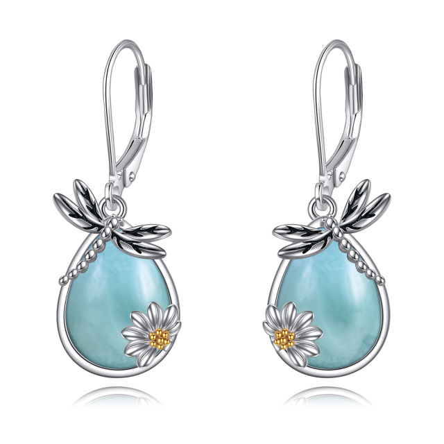 Sterling Silver Two-tone Lalimar Stone Dragonfly & Sunflower Lever-back Earrings-1