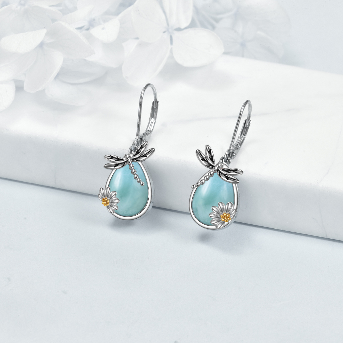 Sterling Silver Two-tone Lalimar Stone Dragonfly & Sunflower Lever-back Earrings-3