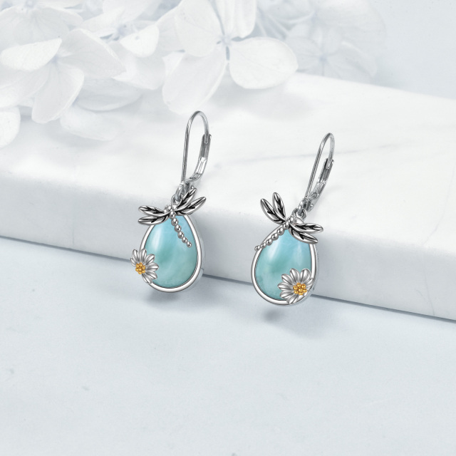 Sterling Silver Two-tone Lalimar Stone Dragonfly & Sunflower Lever-back Earrings-3